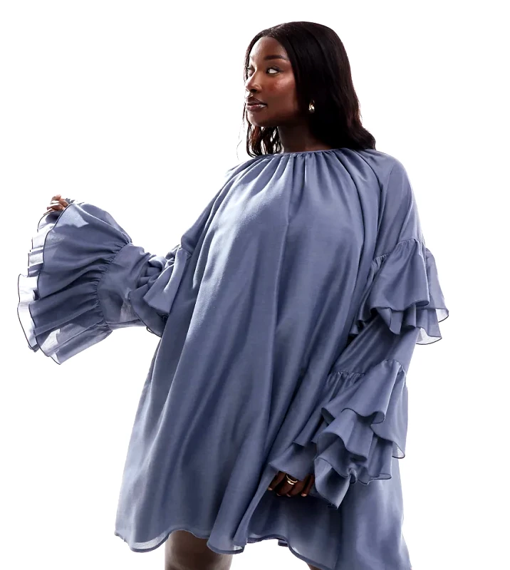 ASOS Curve ASOS DESIGN Curve frill sleeve voile mini dress in in slate blue