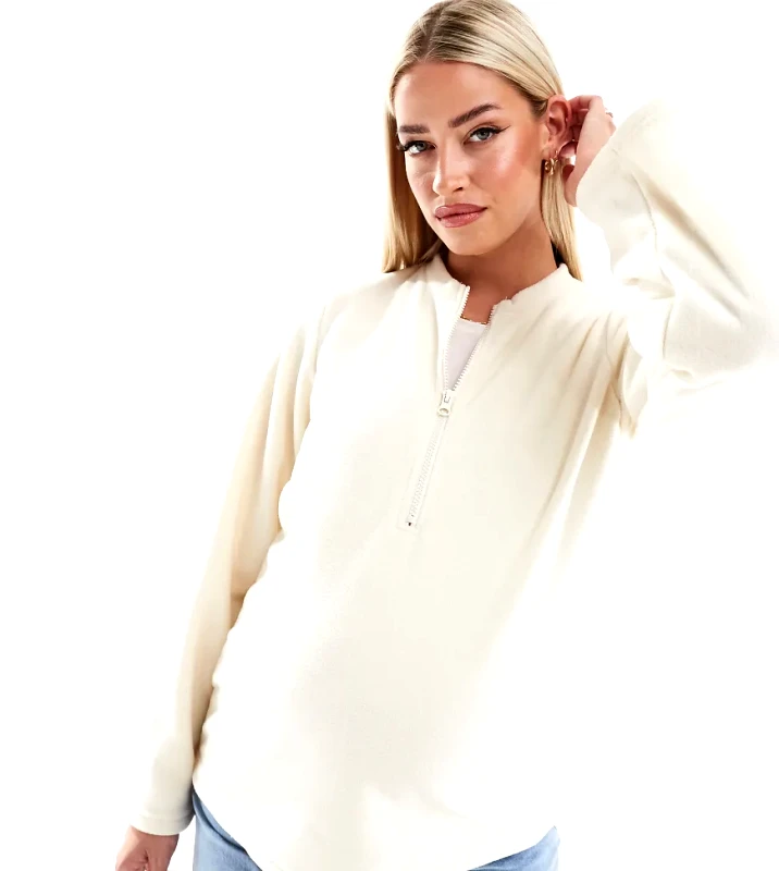 Mama.licious Mamalicious Maternity zip front fleece with wide sleeves in cream-White