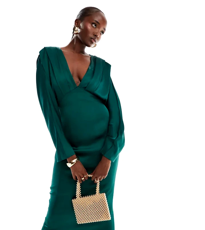 TFNC Tall TFNC Tall satin kimono top maxi dress in emerald green