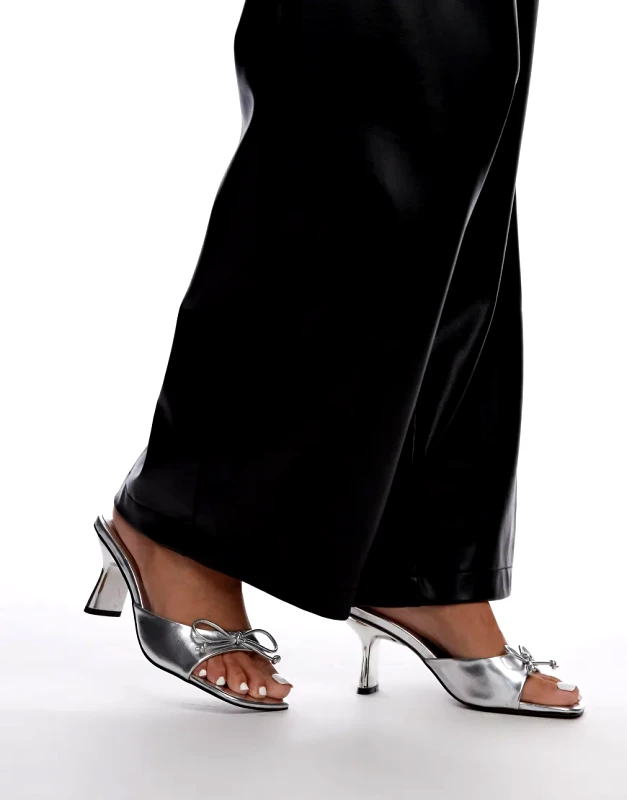 Topshop Topshop Gem heeled mules with bow in silver