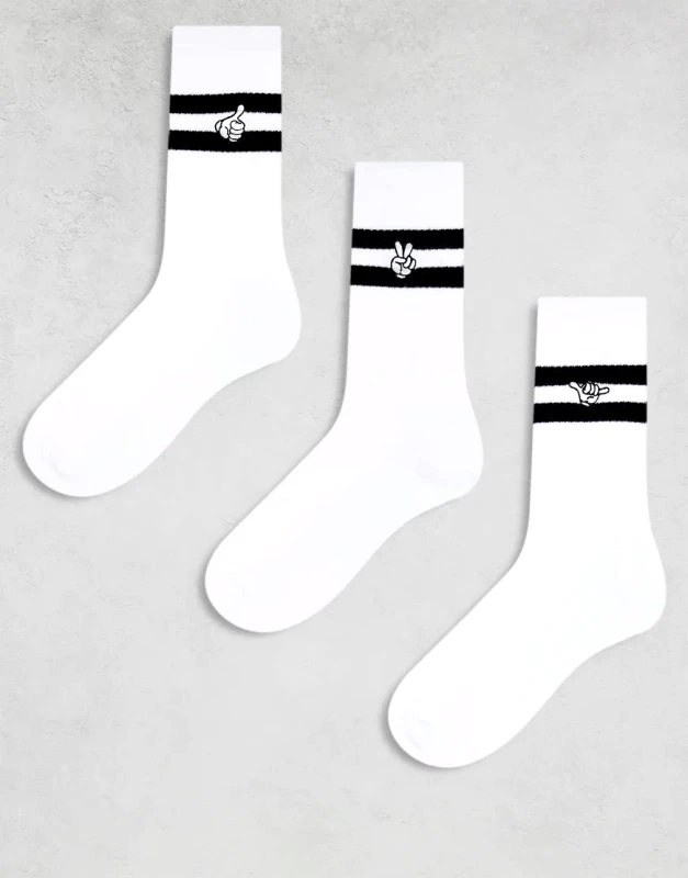 ASOS DESIGN ASOS DESIGN 3 pack socks with hand symbols in white with black stripes