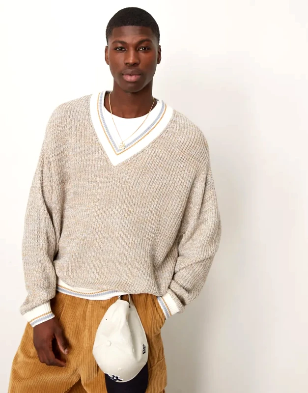 ASOS DESIGN ASOS DESIGN oversized boxy fit knitted v-neck jumper with tipping in stone-Neutral