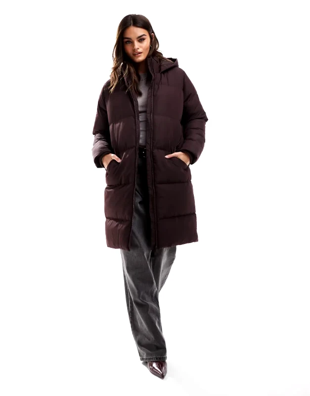 French Connection French Connection longline puffer coat with hood in dark chocolate-Brown