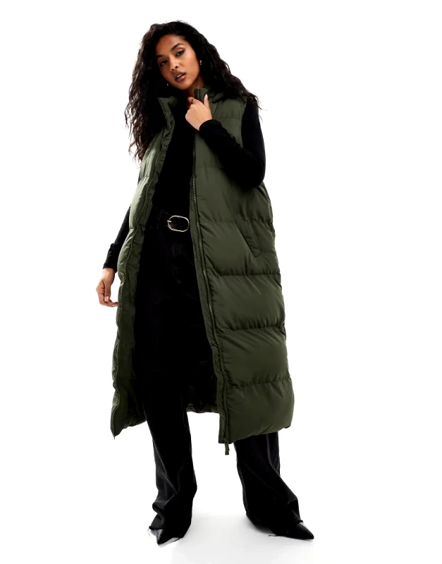 French Connection French Connection longline puffer gilet with hood in khaki-Green