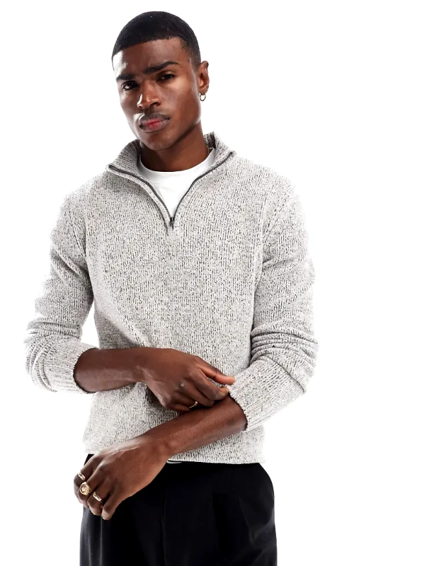 French Connection Mens French Connection heavy knit half zip jumper in salt and pepper grey