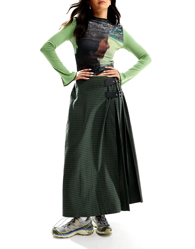 Collusion COLLUSION checked maxi skirt kilt in green