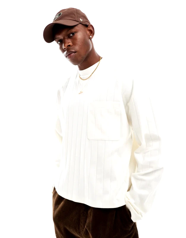 ASOS DESIGN ASOS DESIGN oversized boxy long sleeve rib t-shirt with front pocket in cream-White