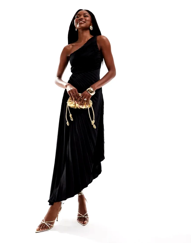 AX Paris AX Paris one shoulder pleated midi dress in black