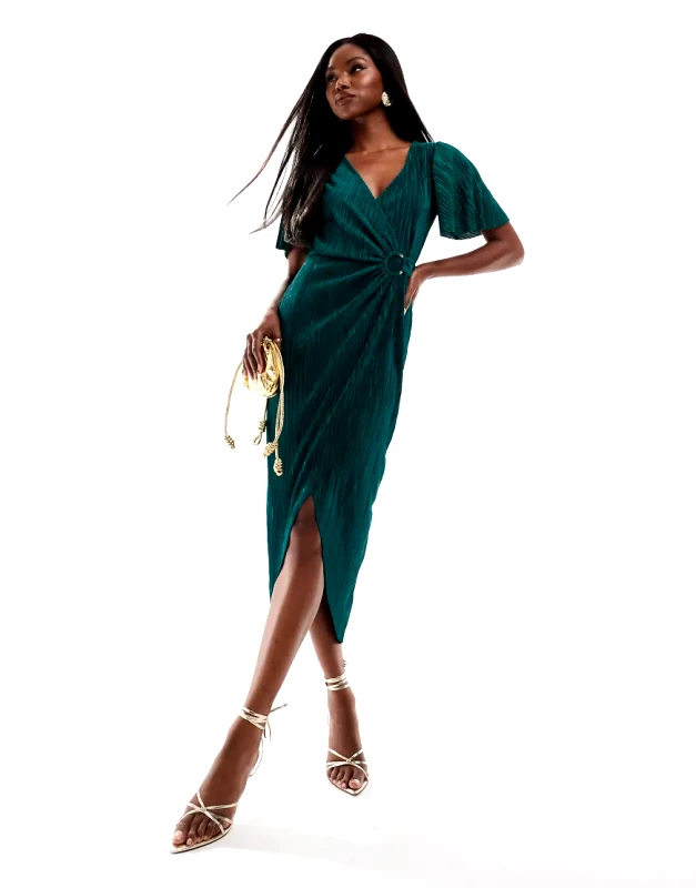 AX Paris AX Paris plisse short sleeve wrap midi dress with ring detail in emerald green