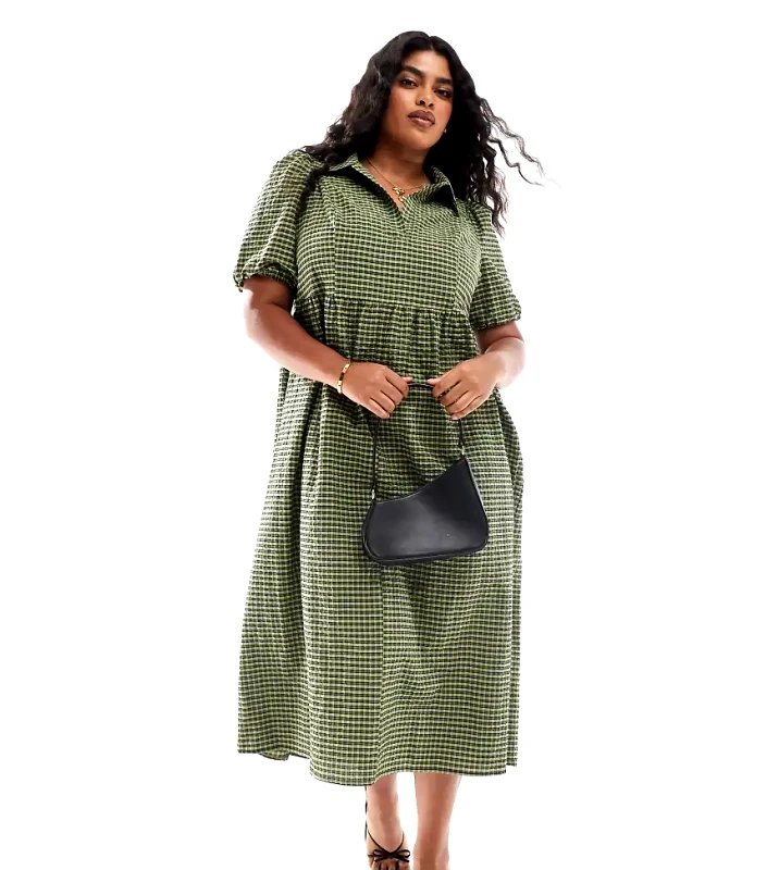 Nobody's Child Plus Nobody's Child Plus Hebe smock midaxi dress in green check