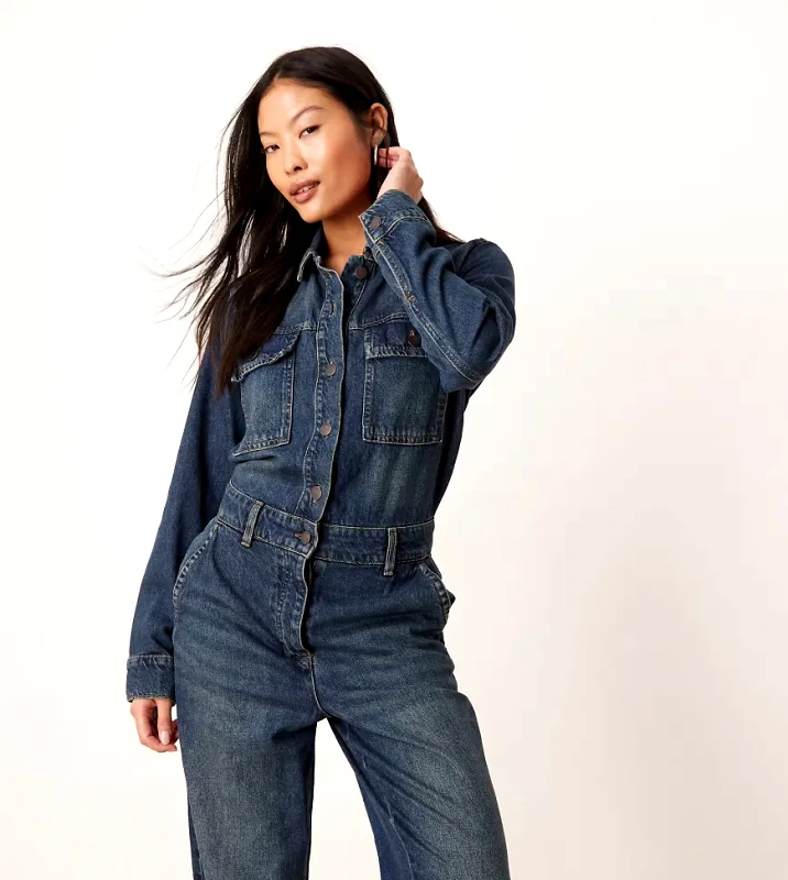 JDY Petite JDY Petite long sleeves denim jumpsuit in mid wash blue