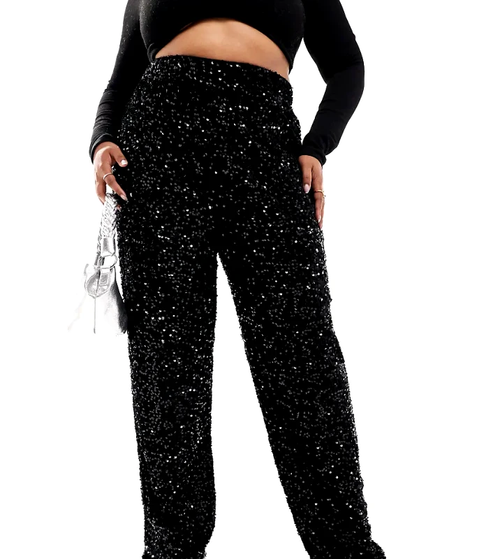 Pieces Plus Pieces Curve wide leg velour sequin trousers in black