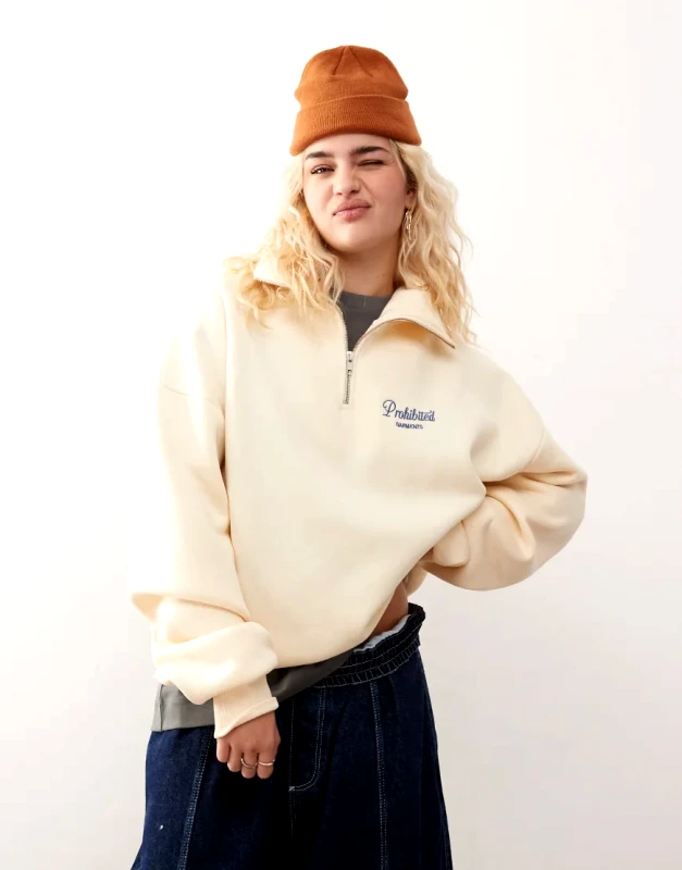 Prohibited Prohibited half zip contrast logo detail sweatshirt in cream-White