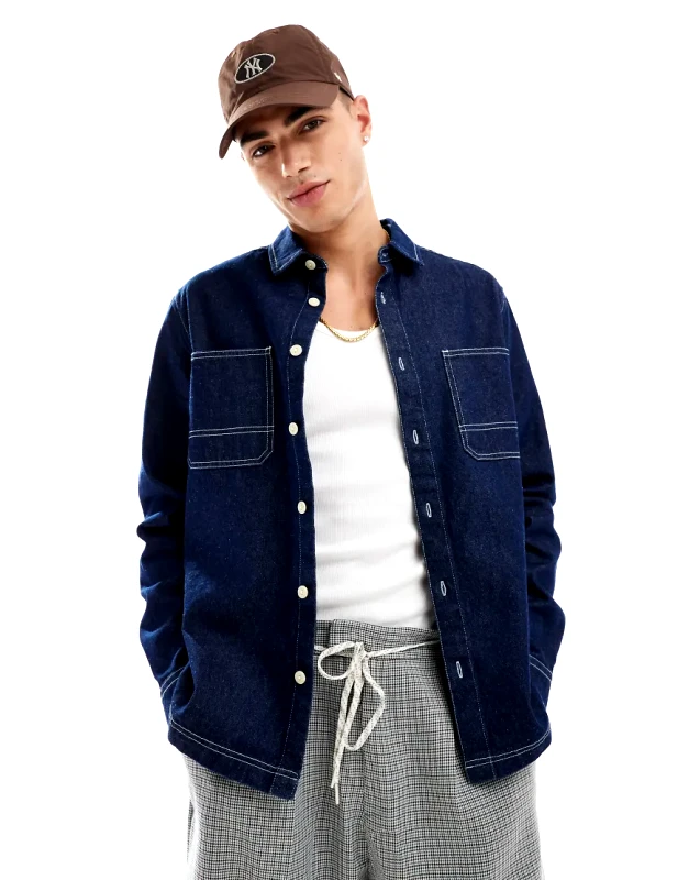 ASOS DESIGN ASOS DESIGN relaxed denim shirt with top stitching in blue rinse wash