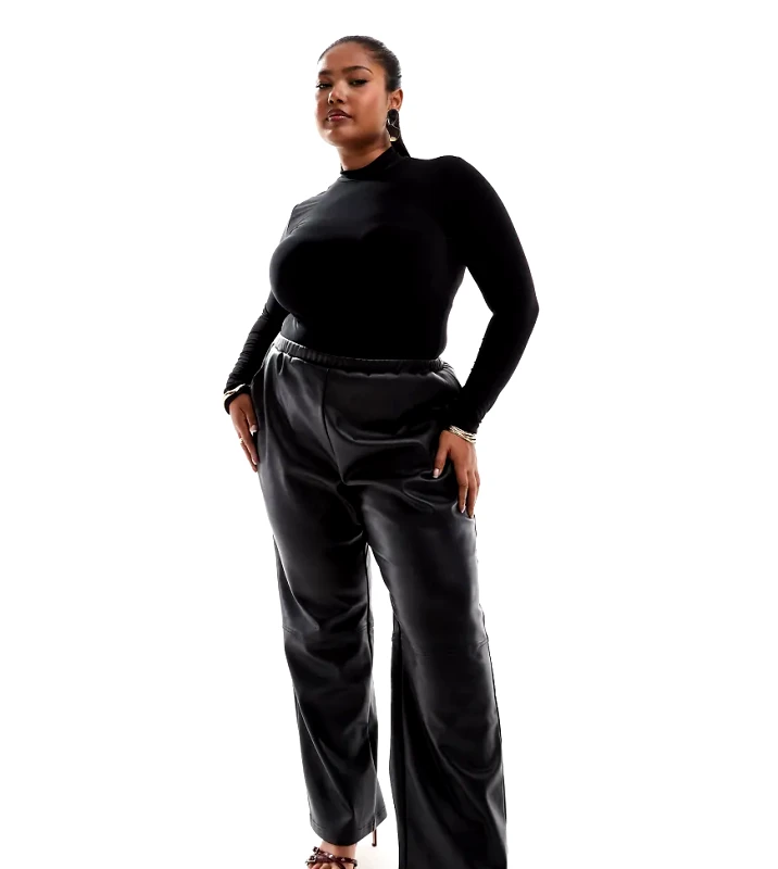4th & Reckless Plus 4th & Reckless Plus leather look straight leg pull on trousers in black