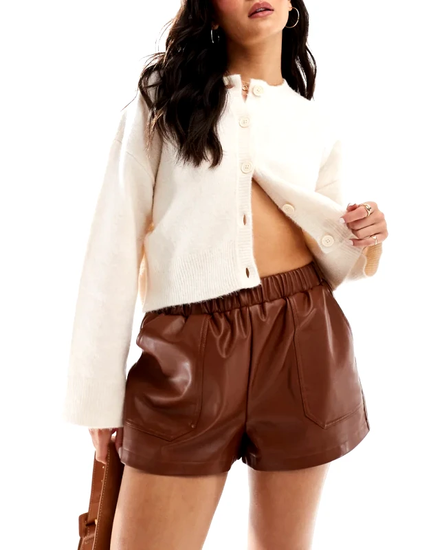 Miss Selfridge Miss Selfridge faux leather pull on short in tan-Neutral