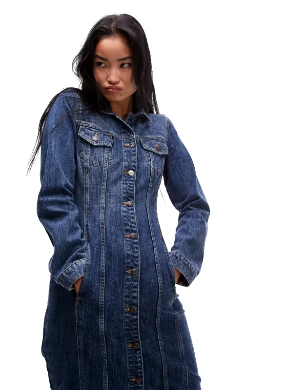Topshop Topshop denim long sleeve maxi dress with cinch adjuster in mid blue