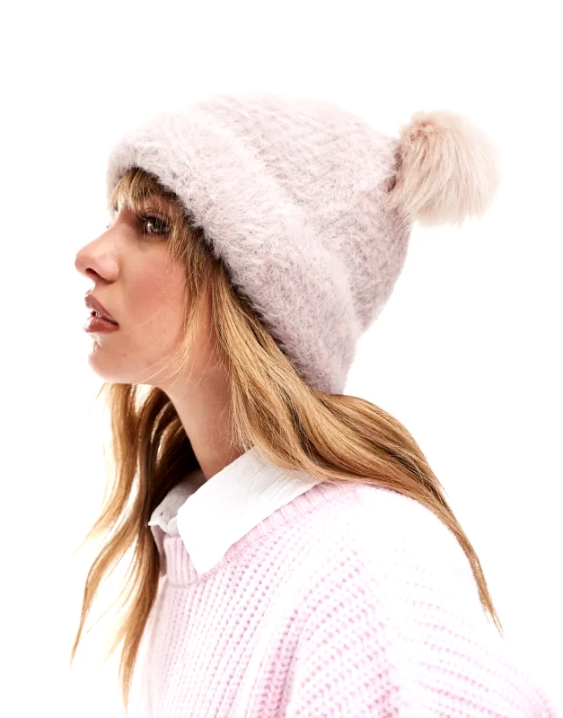ASOS DESIGN ASOS DESIGN double faux fur pom beanie in mink-Pink