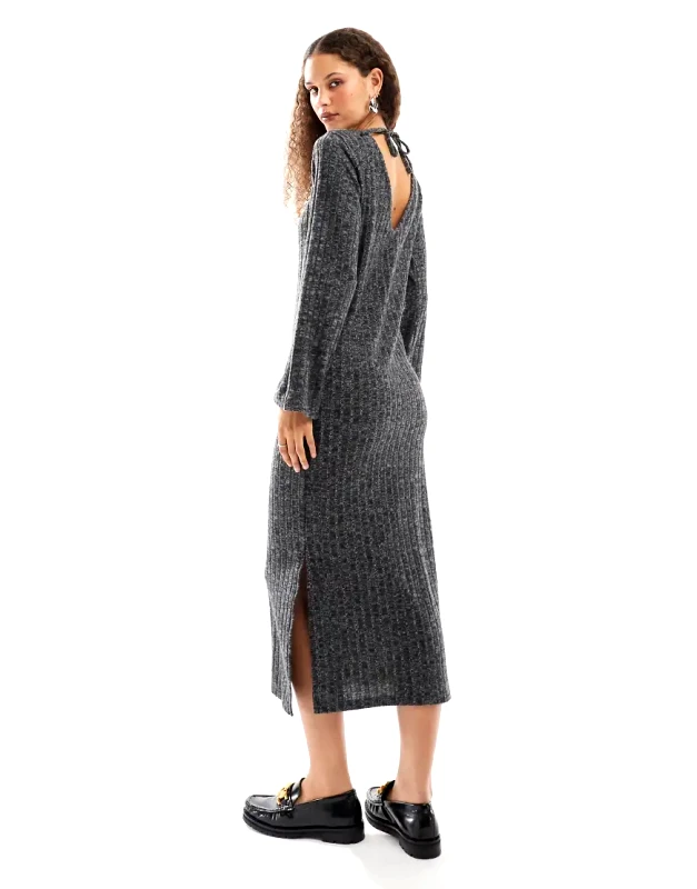 Native Youth Native Youth ribbed back detail knitted maxi dress in grey marl