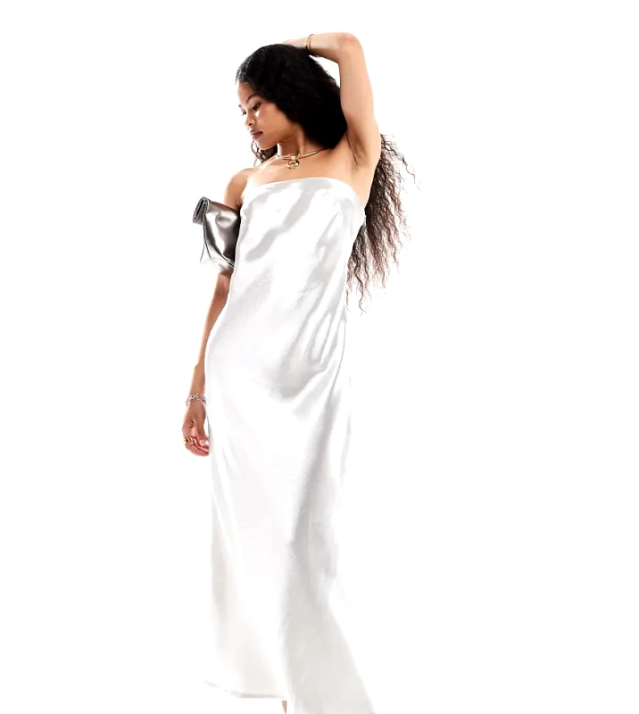 4th & Reckless Petite 4th & Reckless Petite metallic satin bandeau fishtail maxi dress in metallic-Silver