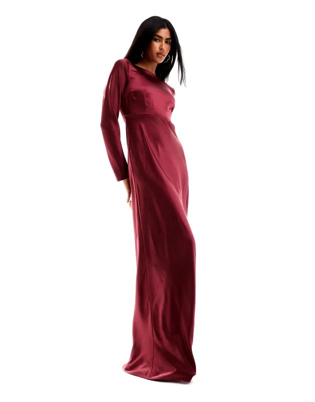 Six Stories Six Stories Bridesmaids long sleeve cowl back satin maxi dress in burgundy-Red