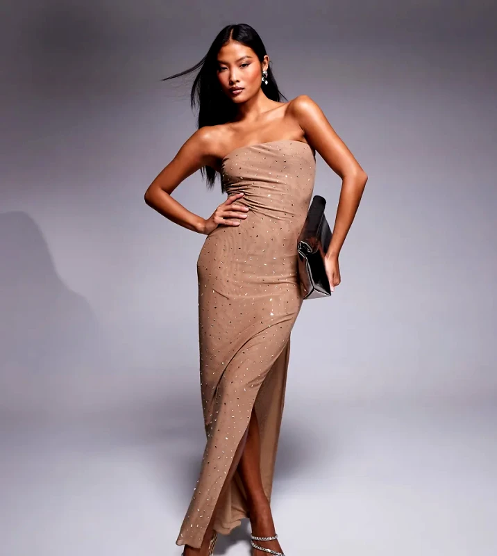 Jaded Rose Petite Jaded Rose Petite hotfix bandeau mini dress in taupe-Neutral