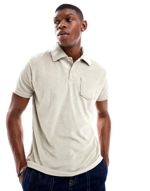 Brave Soul Brave Soul towelling co-ord polo shirt with revere collar in stone-Neutral