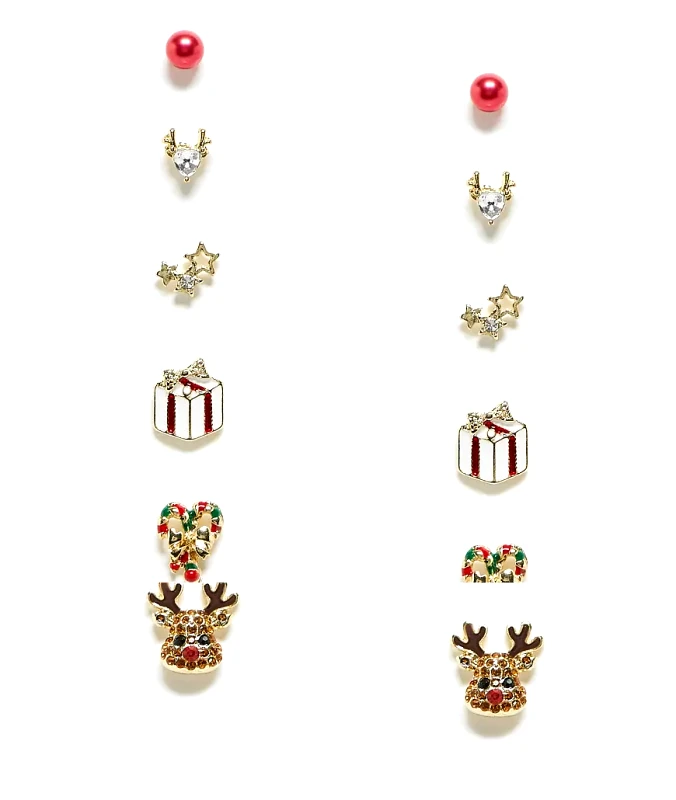 Pieces Pieces Christmas 6 pack reindeer stud earrings in multi-Gold