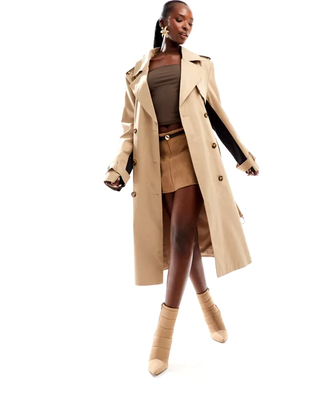 French Connection French Connection twill trench coat with contrast stripe back in camel-Neutral
