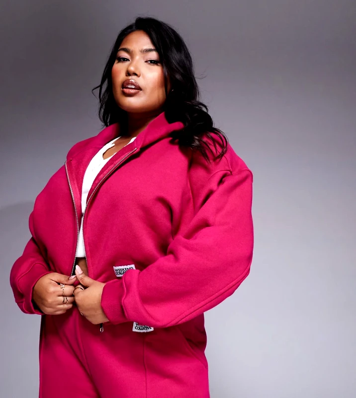 ASOS Weekend Collective Weekend Collective Curve cropped jacket with small woven label in burgundy pink-Red