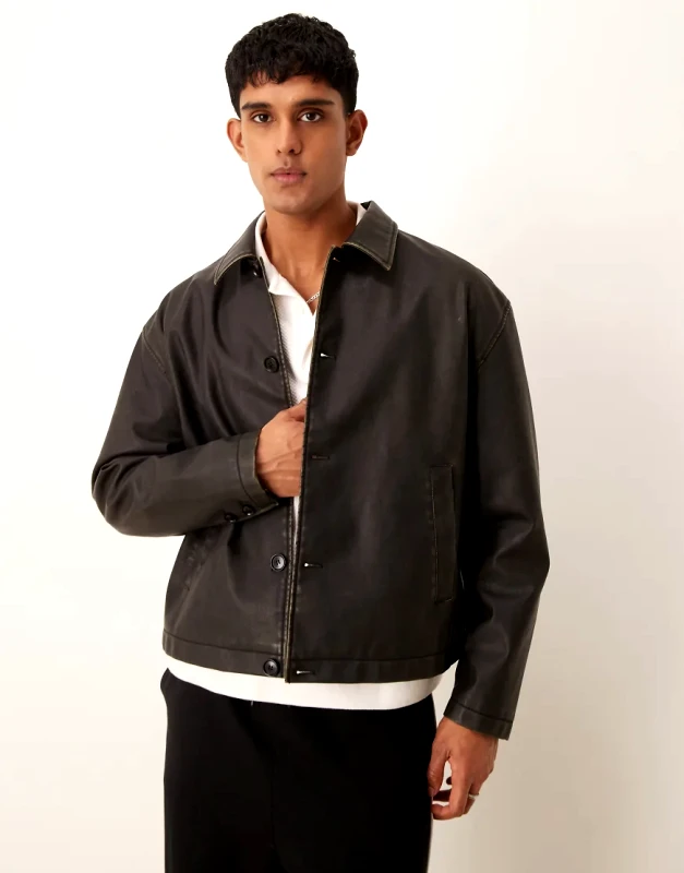 ASOS DESIGN ASOS DESIGN faux leather boxy harrington jacket in washed brown