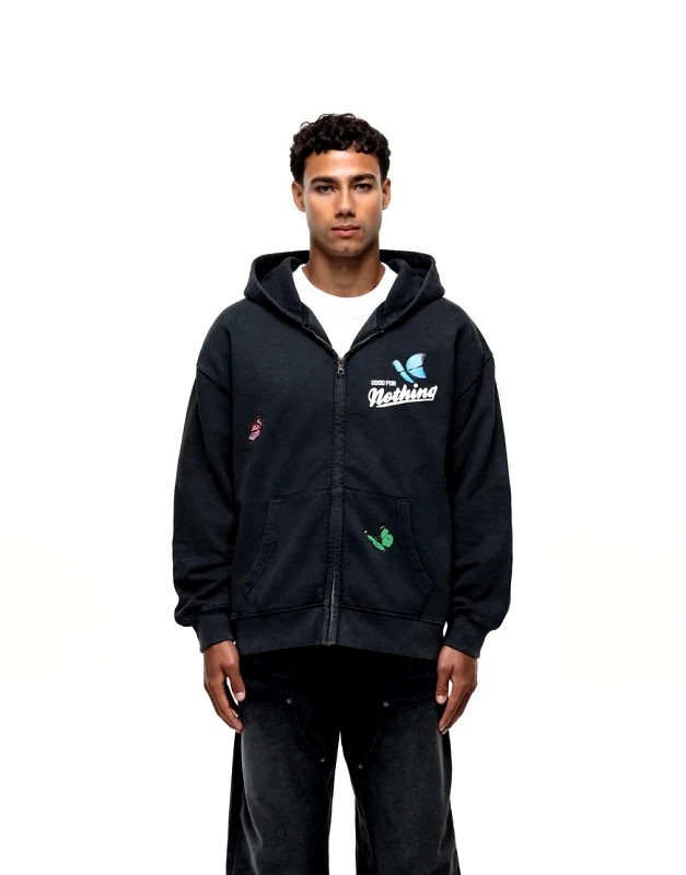 Good For Nothing Good For Nothing embroidered zip up hoodie in washed black