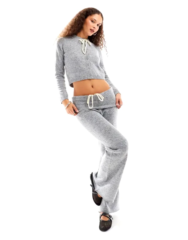 Daisy Street Daisy Street ribbon bow fold over flare fit knit trousers in grey co-ord