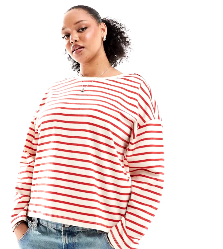 Only Curve ONLY Curve long sleeve stripe t-shirt in cream & red stripe-White