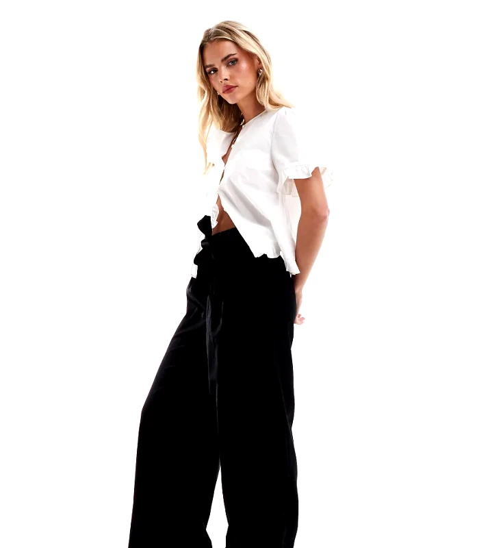 Nobody's Child Petite Nobody's Child Petite self tie wide leg trousers in black