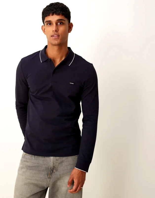 Calvin Klein Calvin Klein stretch pique tipped long sleeve polo in navy