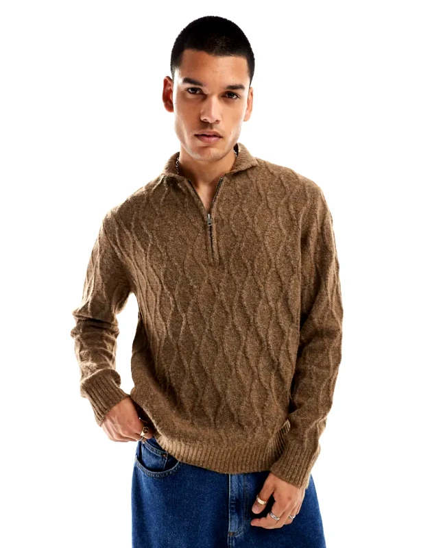 Native Youth Native Youth quarter zip cable knit funnel neck jumper in brown