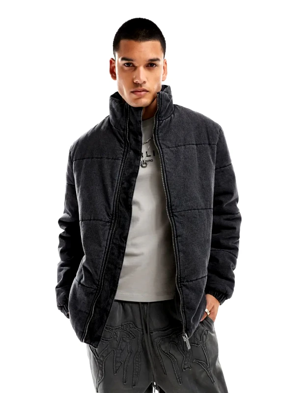 Native Youth Native Youth stone washed denim puffer jacket in black
