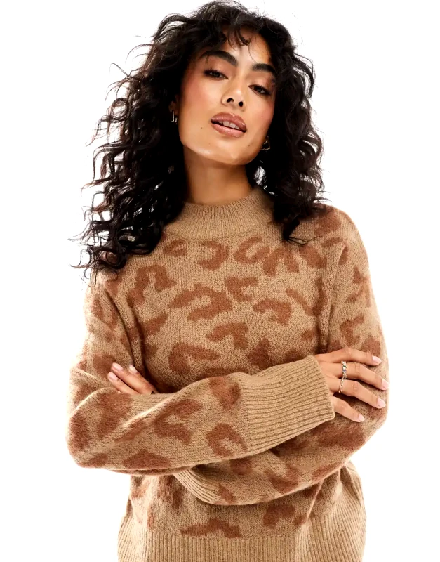 YAS YAS knitted jumper co-ord in brown tonal leopard print - CAMEL-Neutral