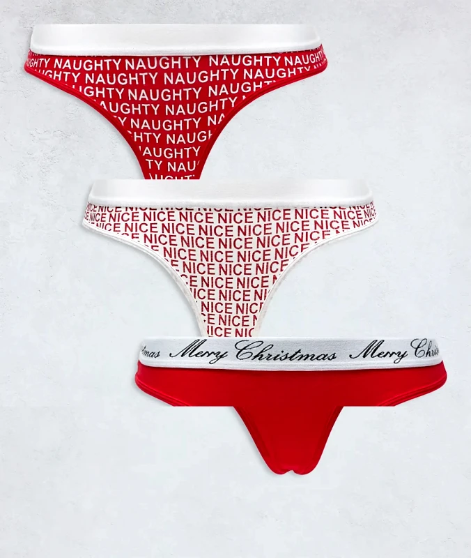 Brave Soul Brave Soul Christmas 3 pack thongs in naughty and nice print-Multi