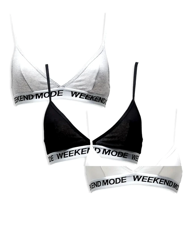 Brave Soul Brave Soul 3 pack cotton triangle bralettes with contrast print band in black white and grey-Multi