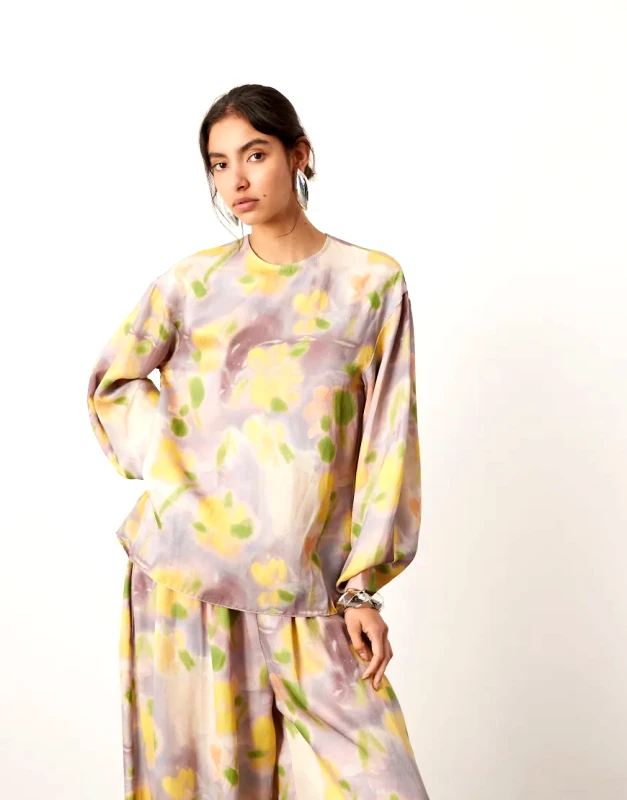 ASOS EDITION ASOS EDITION satin long sleeve top co-ord in blurred floral-Multi