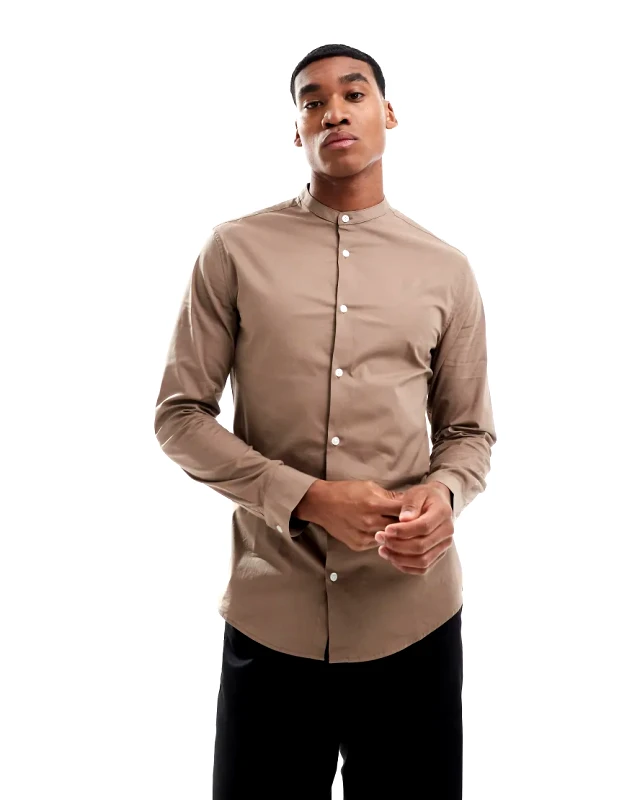 ASOS DESIGN ASOS DESIGN skinny poplin shirt with grandad collar in brown