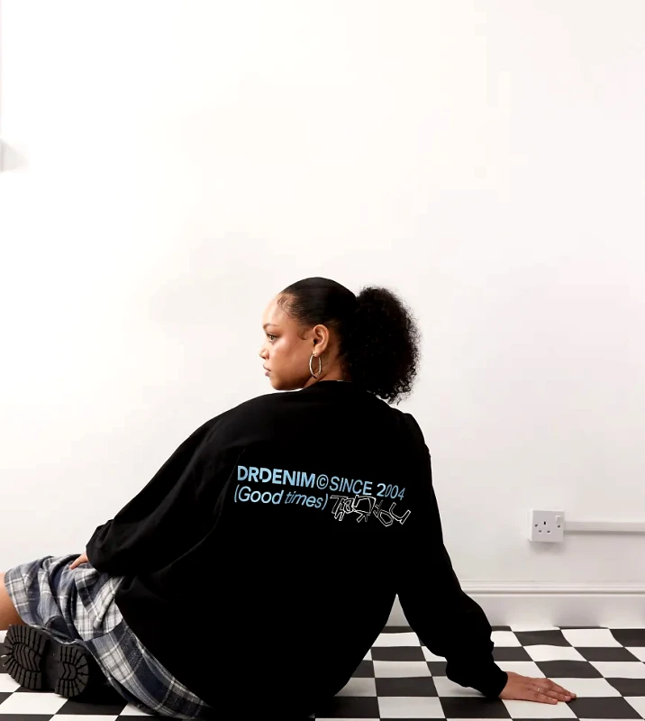 Dr Denim Plus Dr Denim Plus relaxed fit long sleeve t-shirt with blue graphic print in black