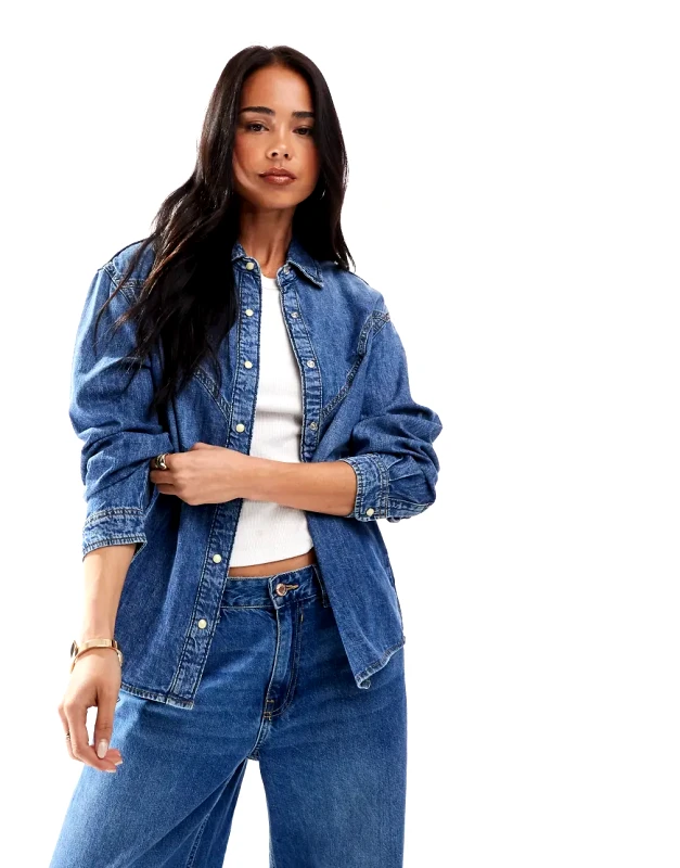 ONLY ONLY western detail denim shirt in mid blue