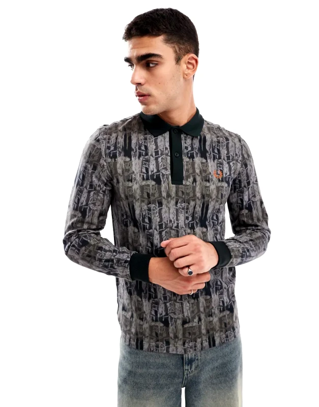 Fred Perry Fred Perry long sleeve polo shirt in all over forest camo print in green
