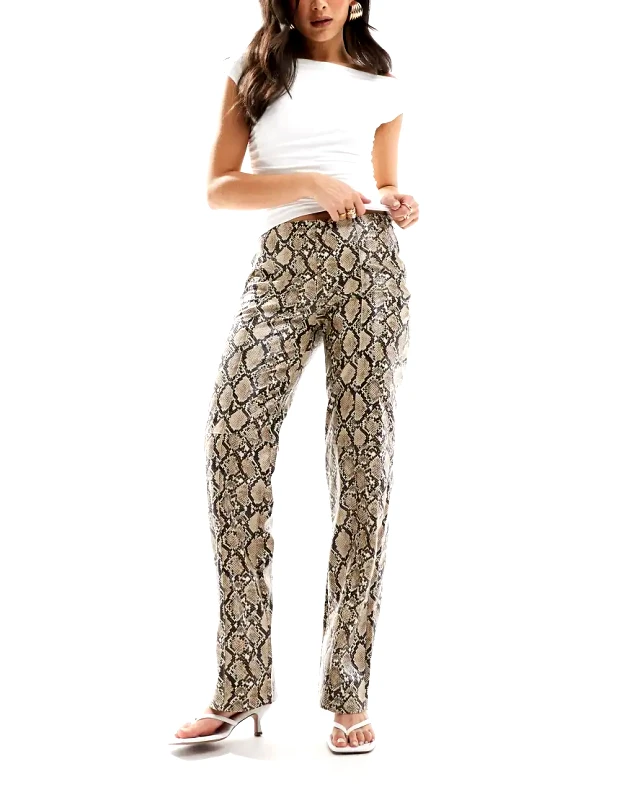 Bershka Bershka straight leg faux leather trousers in snake print-Multi