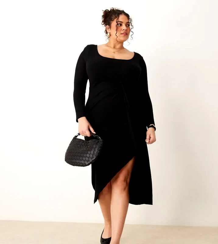 New Look Plus New Look Curve long sleeve knot front midi dress in black