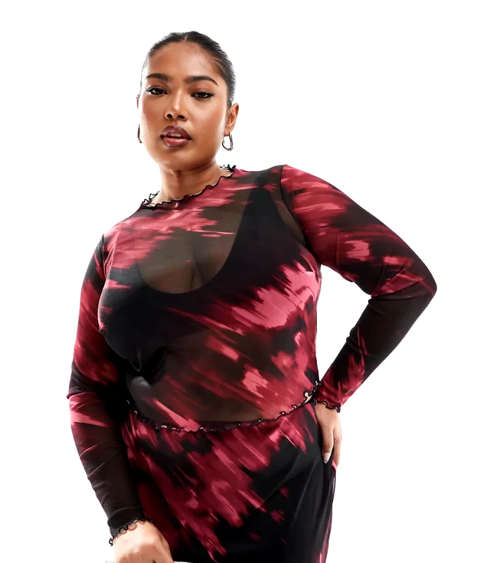 New Look Plus New Look Curve mesh long sleeve top in red pattern