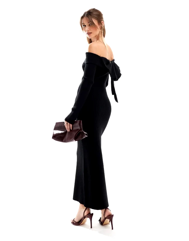 The Frolic The Frolic exclusive knitted bardot bow back detail maxi dress in black